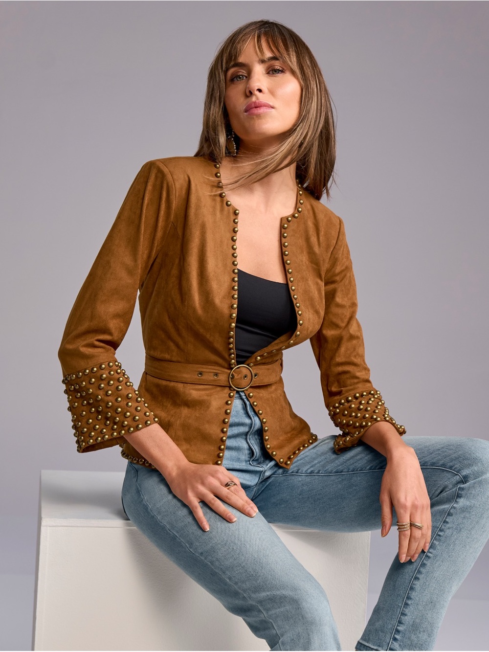 Boston Proper Cognac Brown Studded Faux Suede Belted Jacket Sz 18